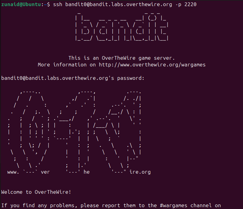Connection to Overthewire Bandit Server via SSH.