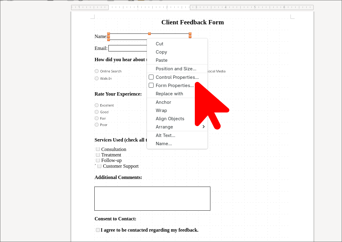 Configuring control properties for forms.