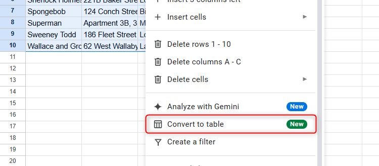 Convert To Table is selected in Google Sheets.