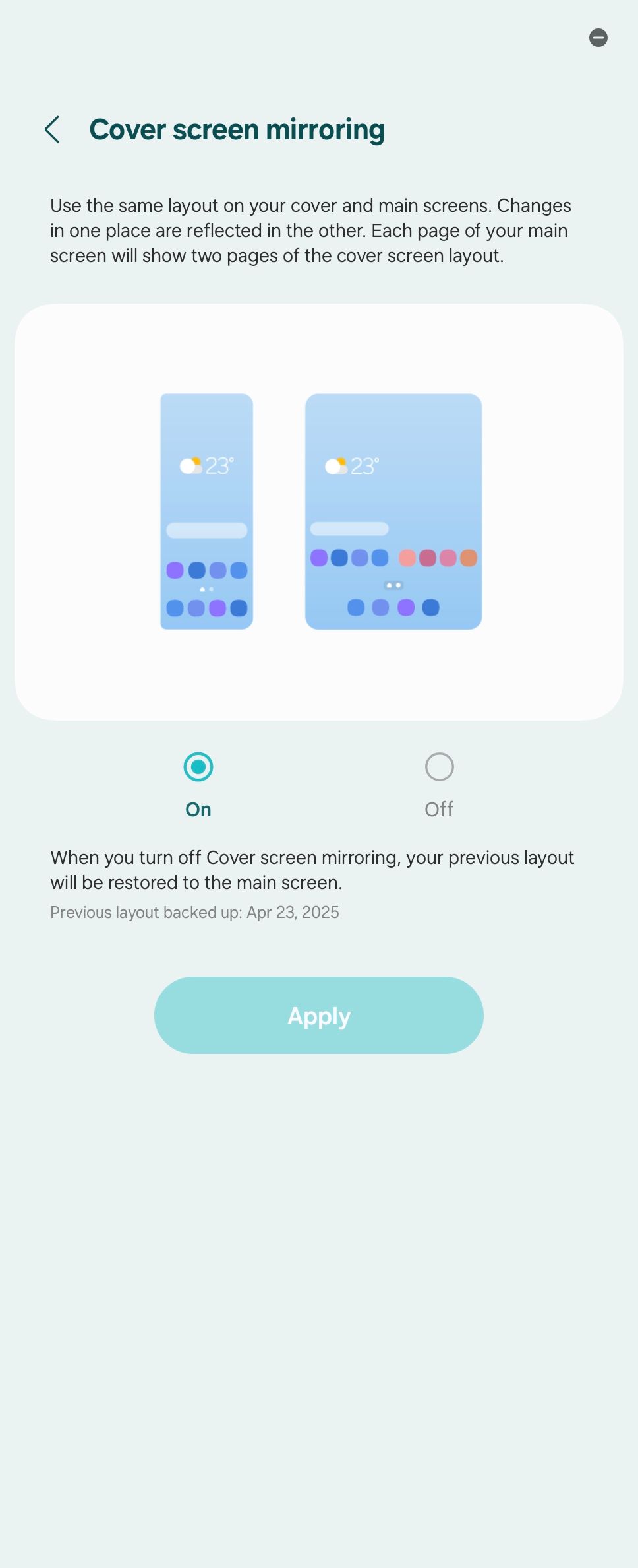 Cover screen mirroring details in settings on a Galaxy Z Fold 6.