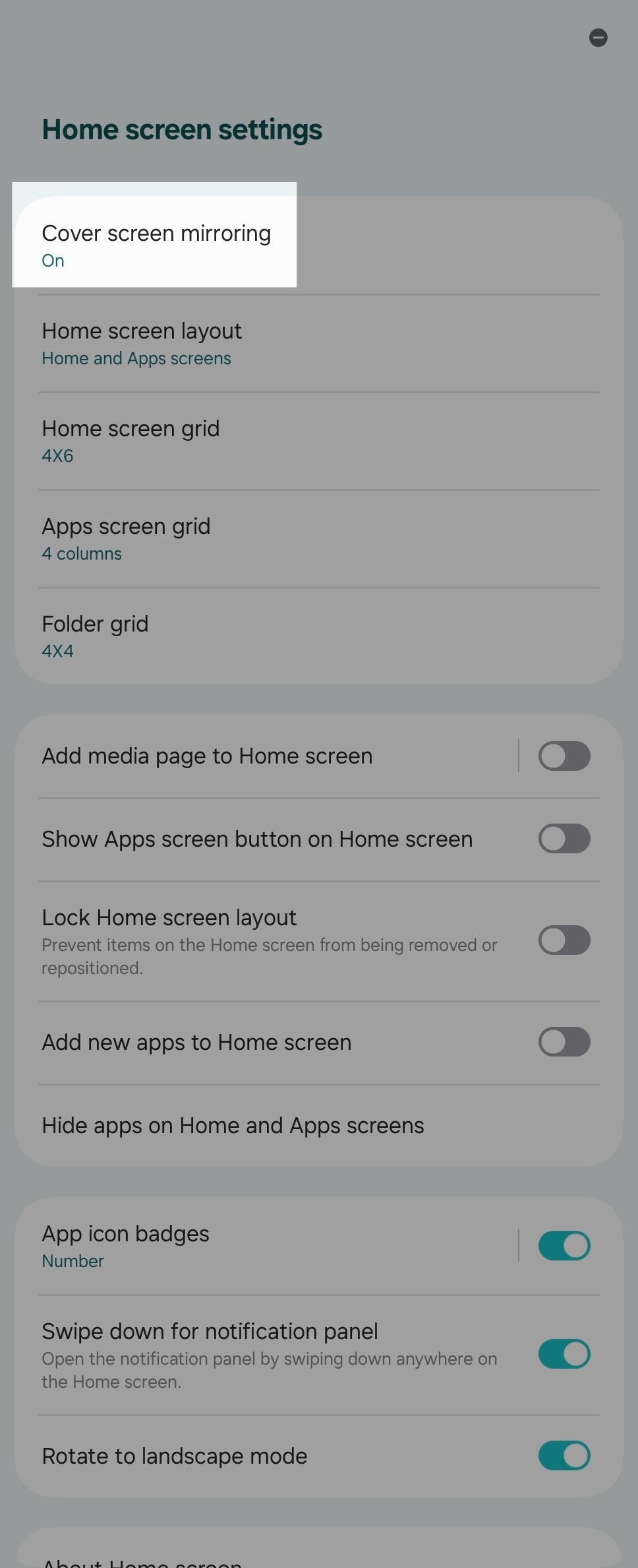Cover screen mirroring option in settings on a Galaxy Z Fold 6.