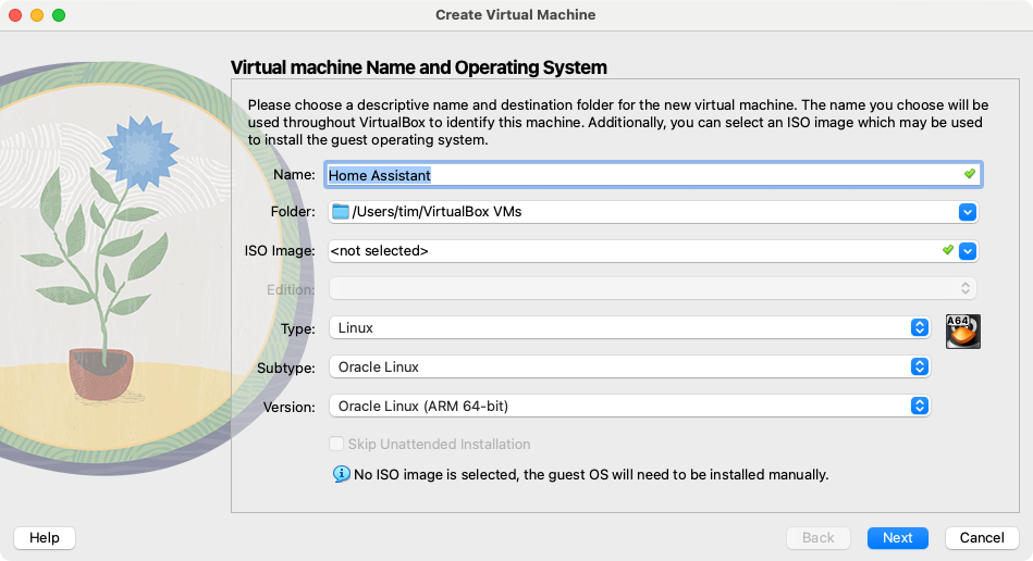 Creating a new VM in VirtualBox.