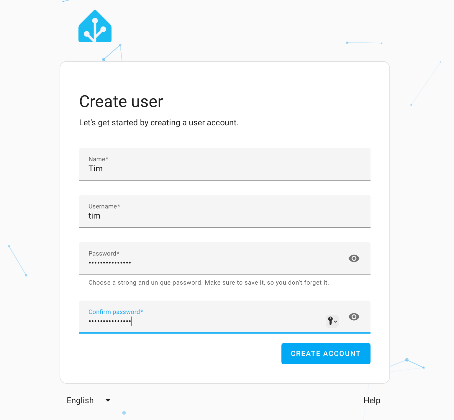 Creating a user in Home Assistant.
