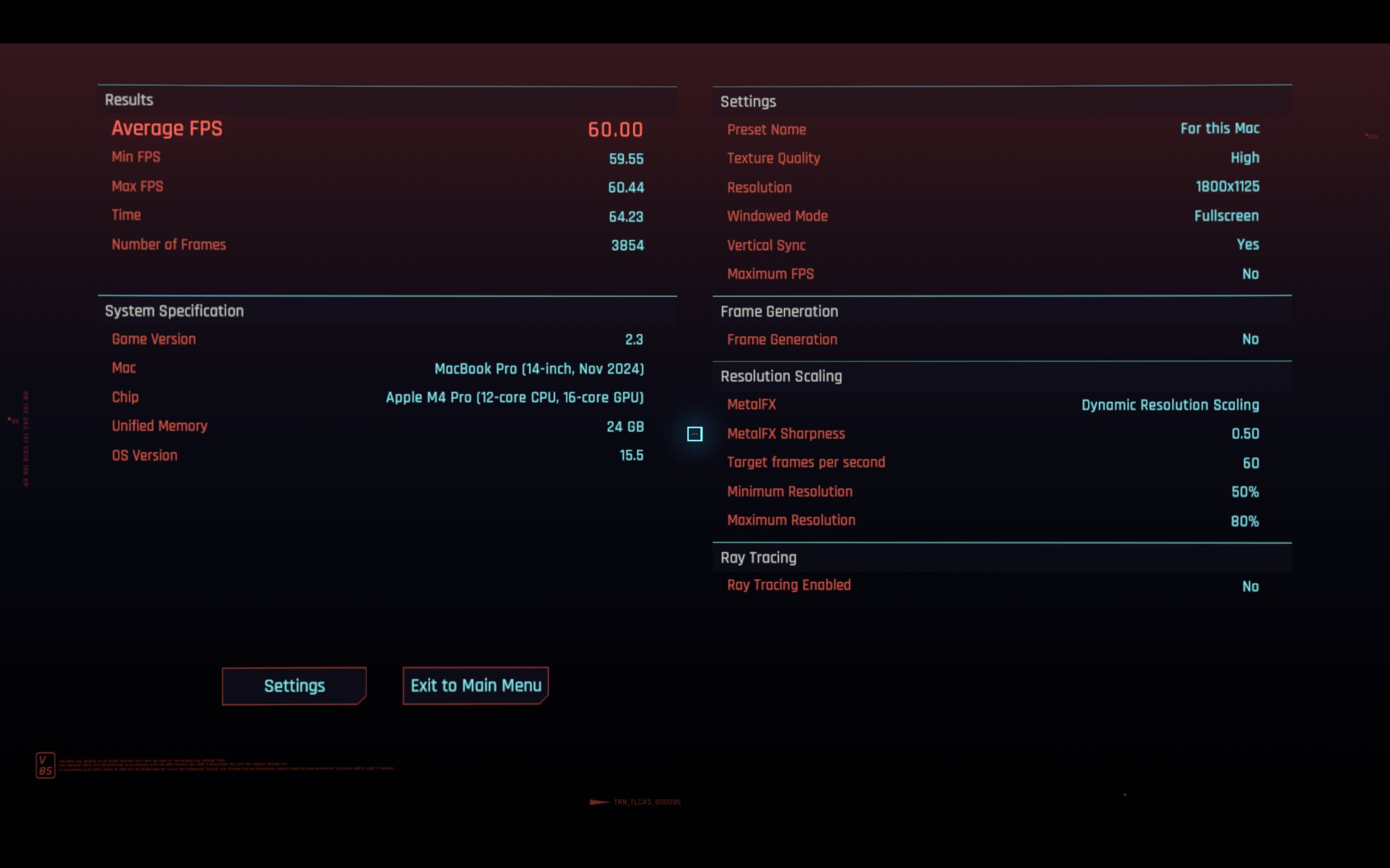 Cyberpunk 2077 Mac Preset benchmark.