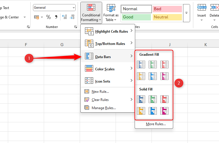 Data Bars in Excel's Conditional Formatting menu is selected, and the fill options are highlighted.