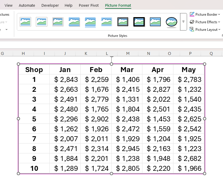 Data pasted as a linked image in Excel is selected, and the Picture Format tab on the ribbon is opened.
