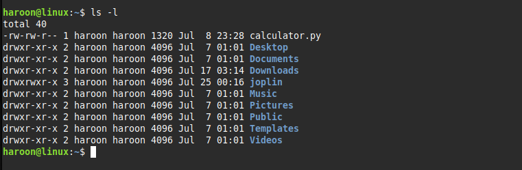 Detailed directory snapshot using ls -l in terminal.