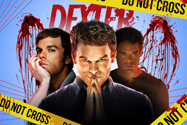 Dexter Morgan in three different versions, with blood splatters in the background, the DEXTER logo above, and bloody crime scene tape reading 'DO NOT CROSS' across a blue backdrop.