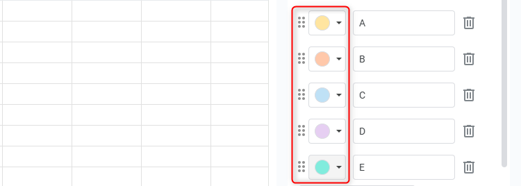 Various colored chips are selected for each option in data verification in Google Sheets.