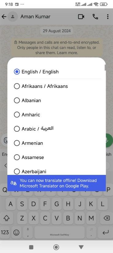 Different languages of translation in Microsoft Shiftkey.
