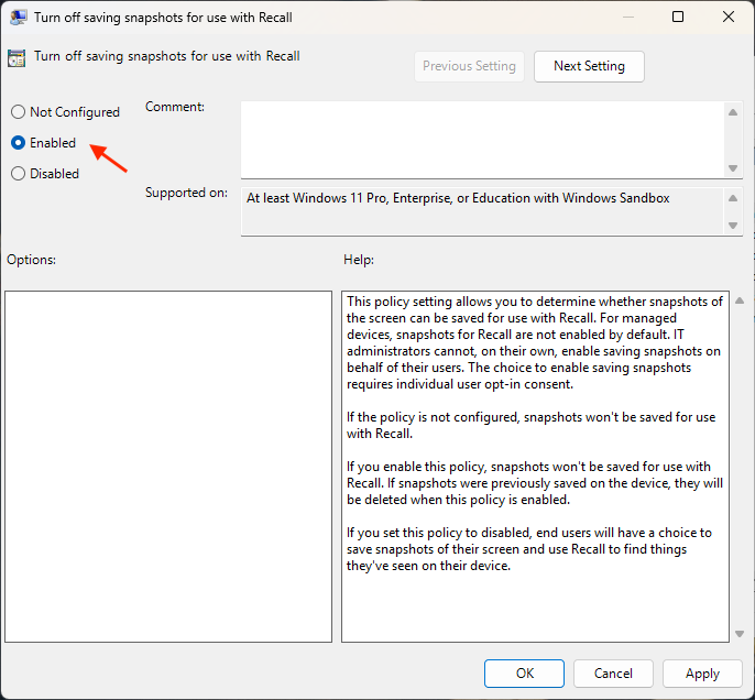 Disabling Windows Recall by enabling the Local Group Policy setting.
