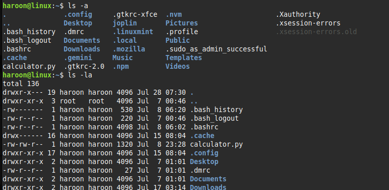Displaying hidden files using the ls with '-a' flag in terminal.