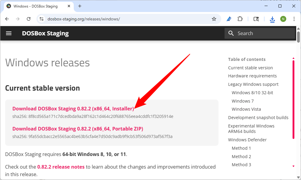Download the DOSBox Staging installer from the DOSBox website.