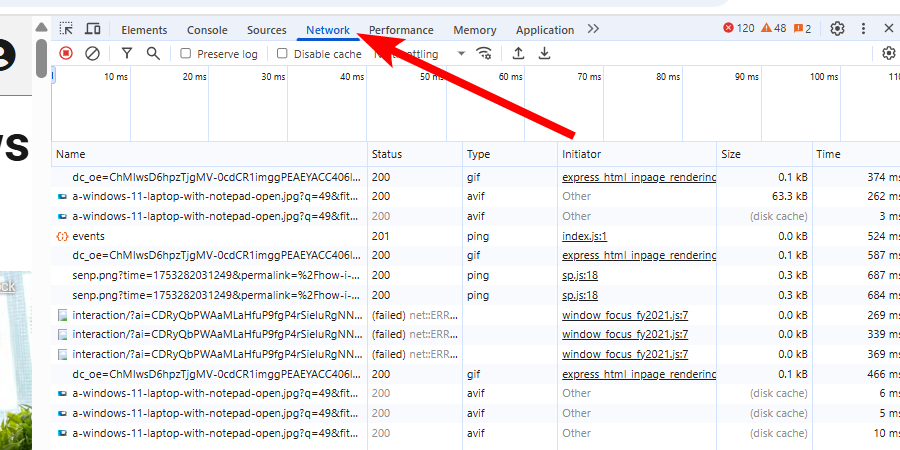 The network tab of the Chrome inspection tool.