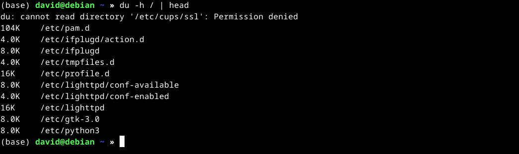 du -h с передачей результата в head в терминале Linux.
