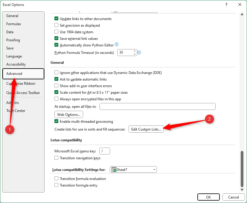 Edit Custom Lists is selected in the Advanced tab of the Excel Options window.