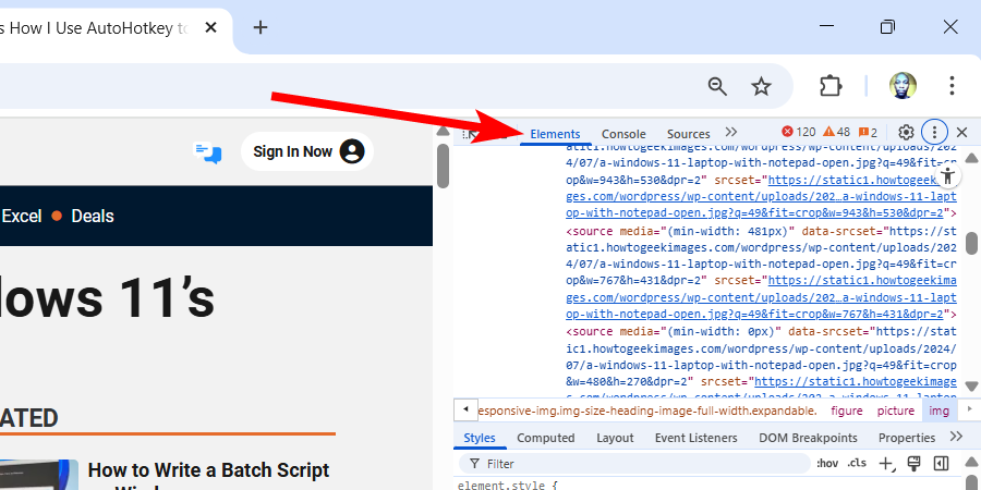 The Elements tab of the Chrome inspection tool.