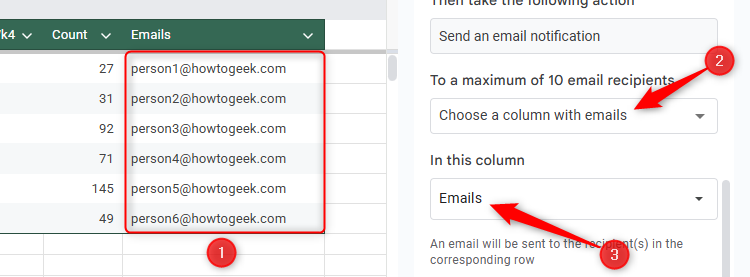 Email addresses are added to a data range in Google Sheets so that they can be notified when data in the respective rows change.