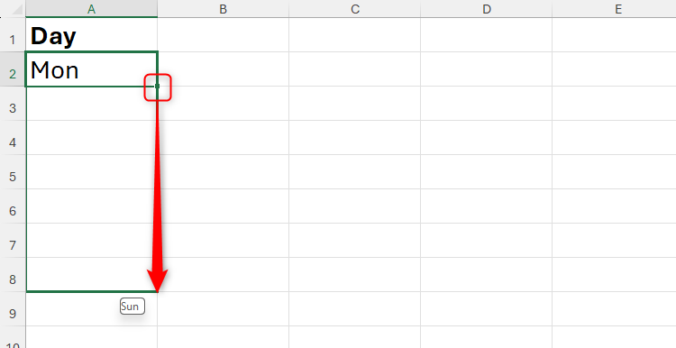 Excel recognizing a day-of-the-week sequence when the fill handle is clicked and dragged downward after Mon is typed into cell A1.