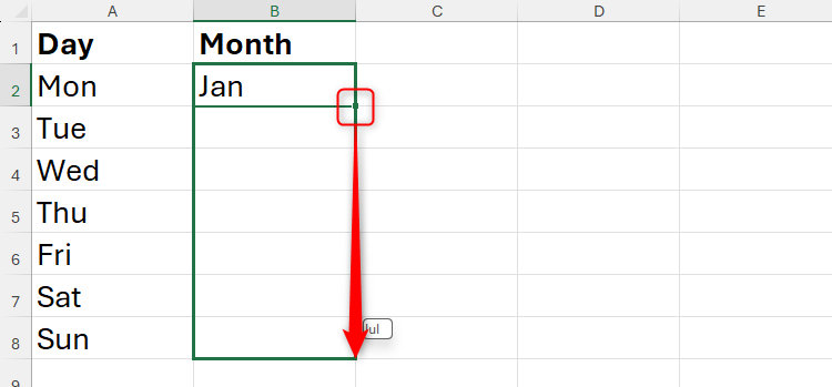 Excel recognizing a month-of-the-year sequence when the fill handle is clicked and dragged downward after Jan is typed into cell B1.