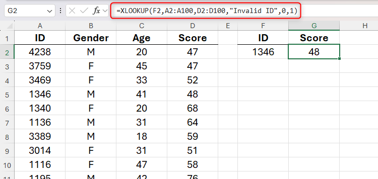 Excel's XLOOKUP function being used to extract a score from a dataset based on the specified ID.