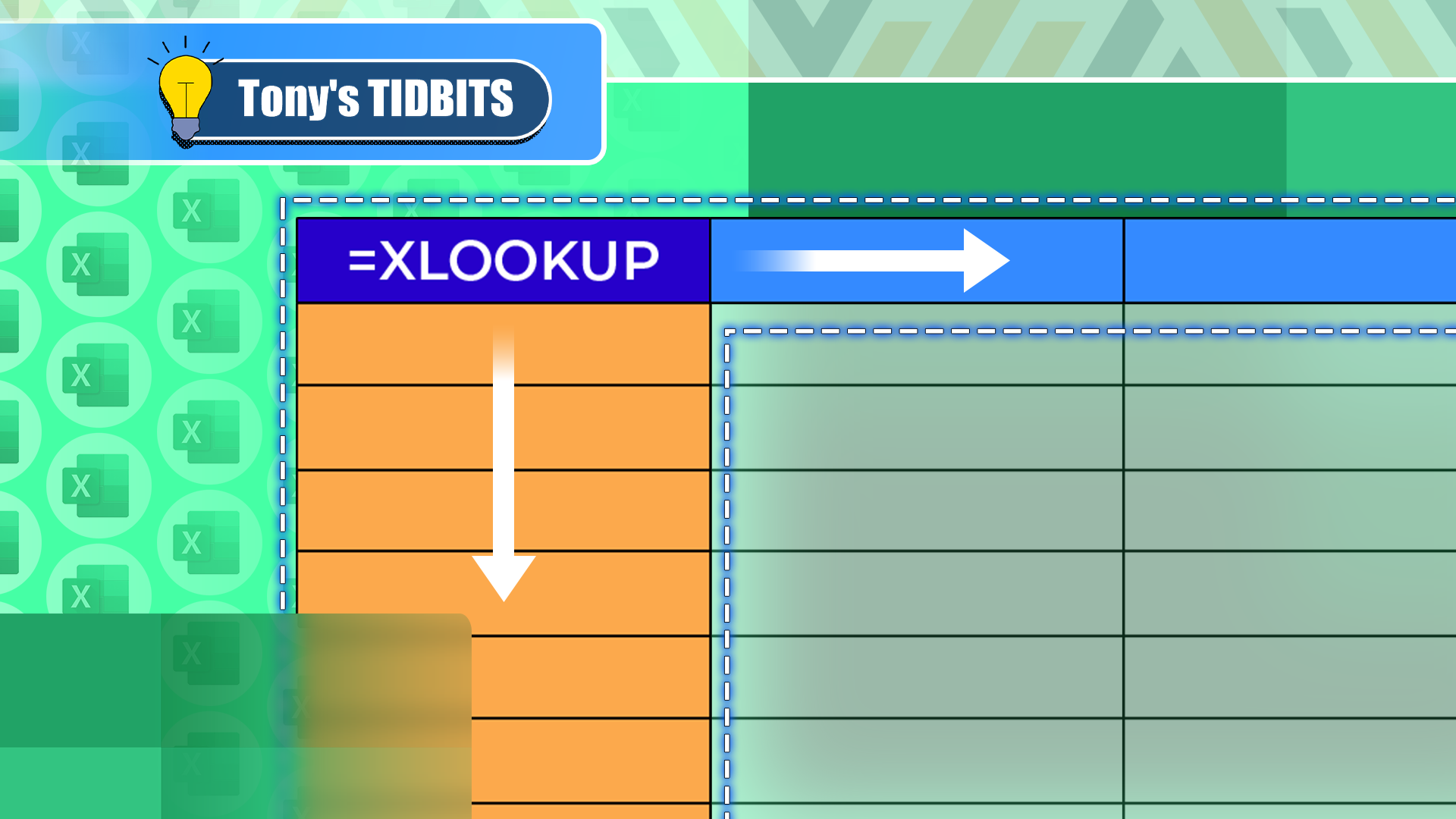 Excel spreadsheet highlighting the XLOOKUP function, with a vertical arrow pointing down a column and a horizontal arrow pointing right across a row, representing a two-way lookup.