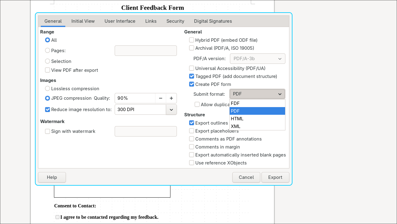 Selecting the correct export options for an interactive document.