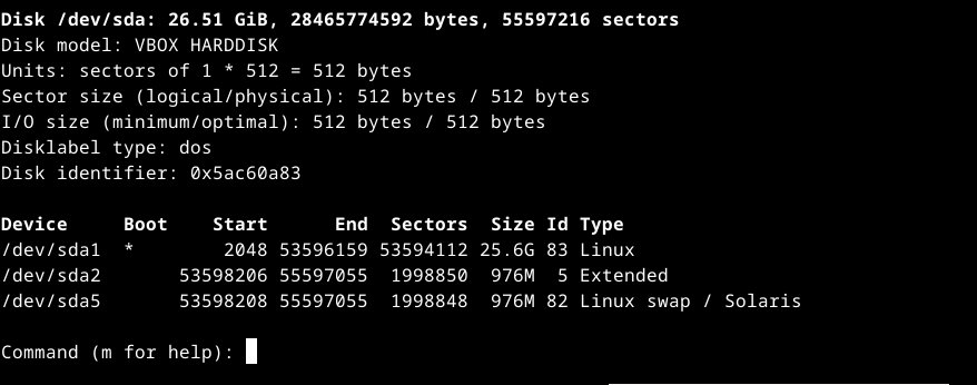 Linux fdisk показывает таблицу разделов в терминале.