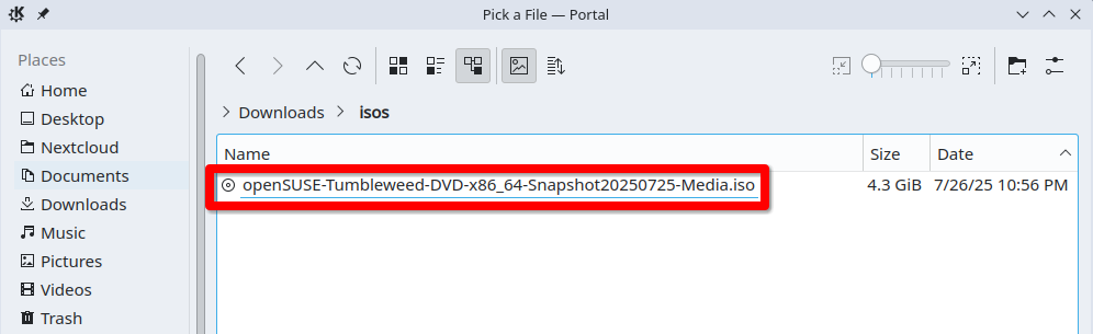 File browser in Linux showing an ISO file.