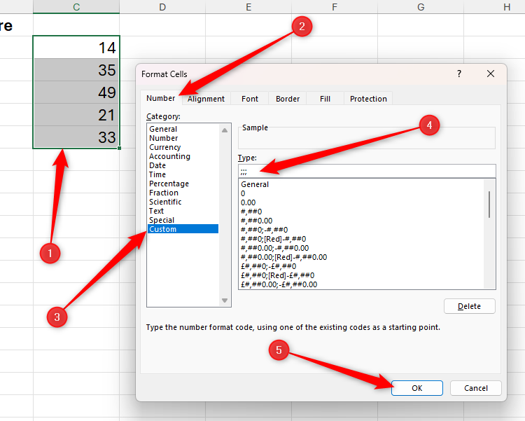 Five cells containing values in Excel are selected, and three semicolons are typed into the Type field of the Custom number format option.