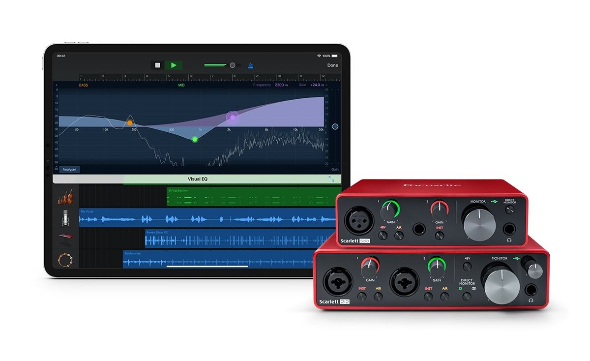 Focus audio interface next to an iPad Pro.