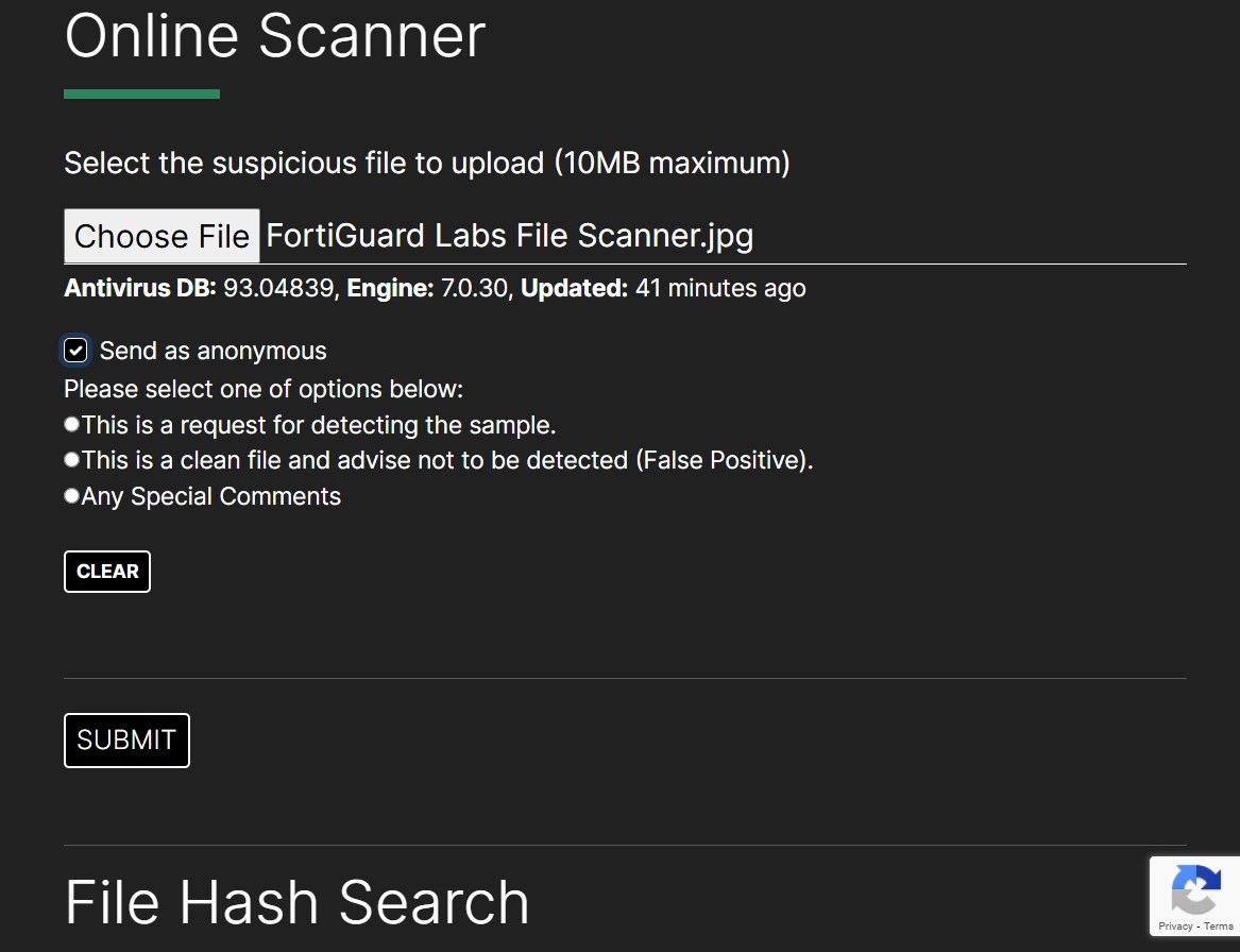 Image showing FortiGuard Labs File Scanner file upload process