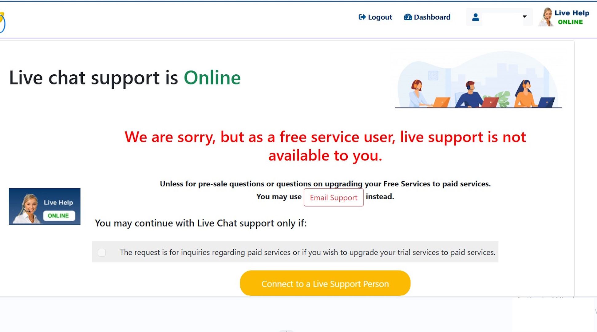 Image showing Free domain Live Chat Not Available to Free Domains