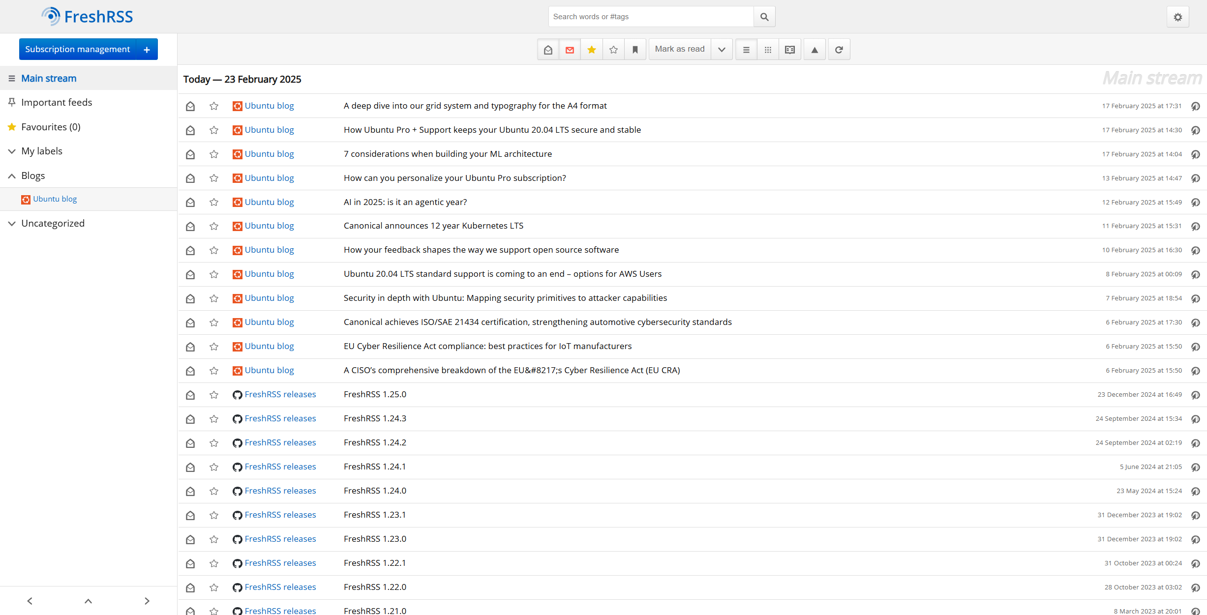 A list of RSS posts including blog entries and software releases.