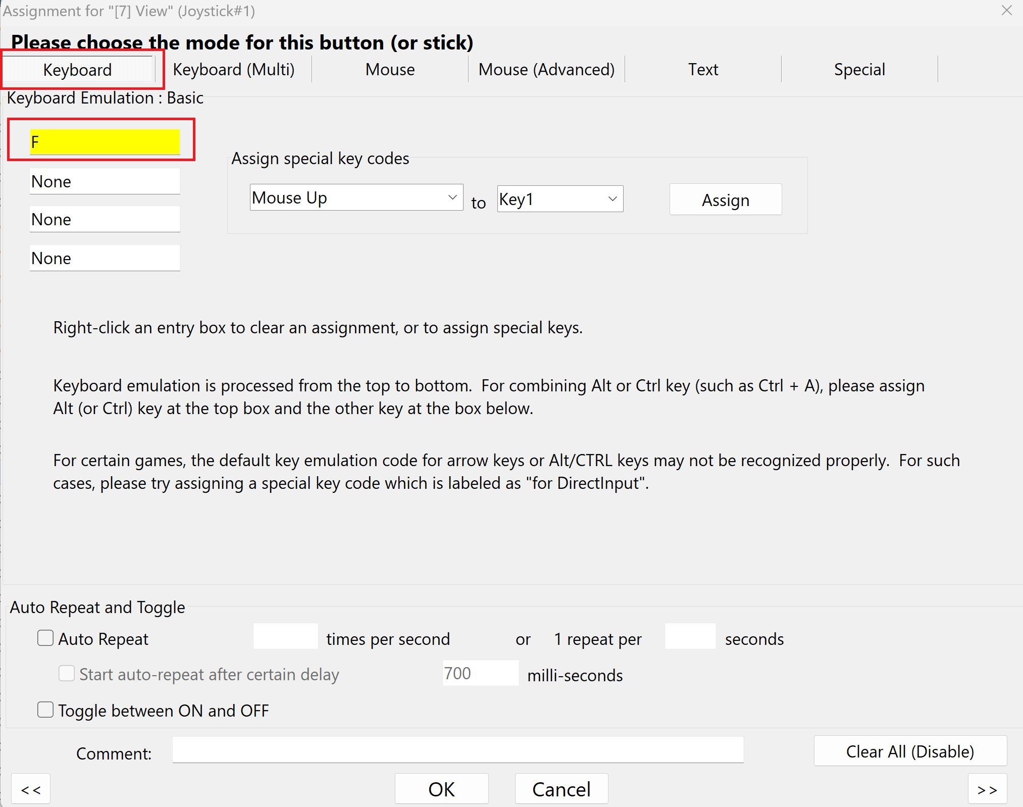 A screenshot of the JoyToKey assigment editor dialog in the keyboard tab. There is an F in the keyboard emulation section.