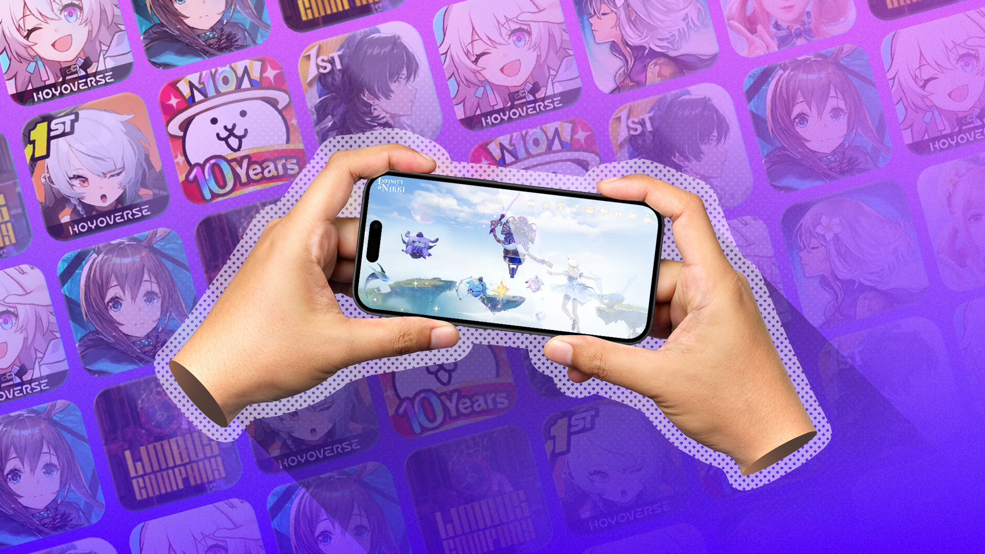 Hands playing a game on a phone, with a colorful background filled with app icons from various gacha games.