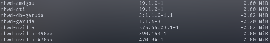 Garuda Linux update showing mhwd packages being removed.