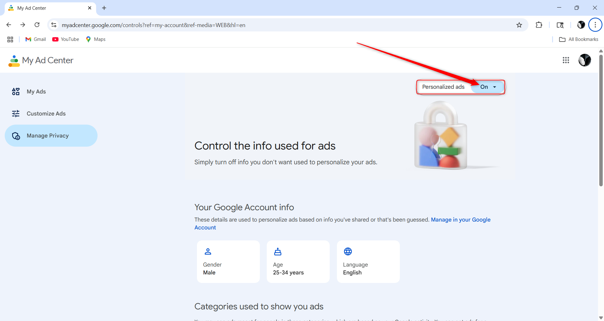 An option in one's Google account to turn personalized ads off.