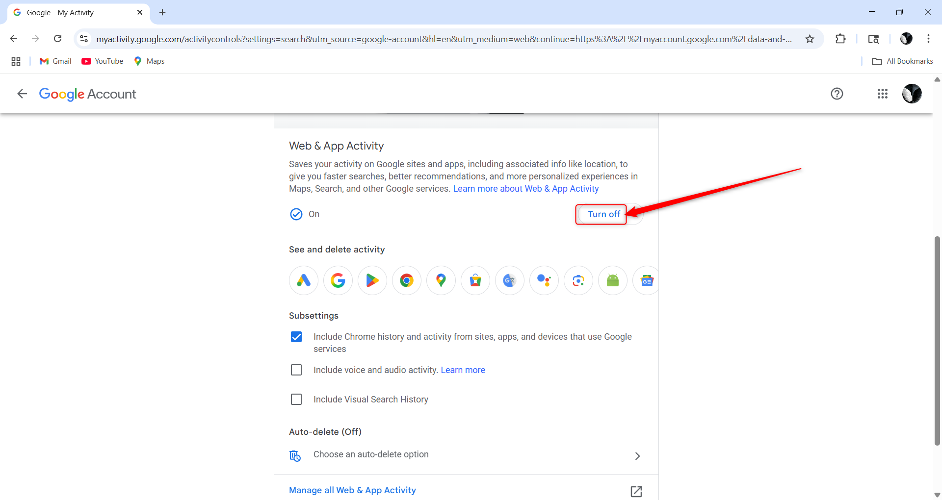 The option to turn off Google activity tracking.