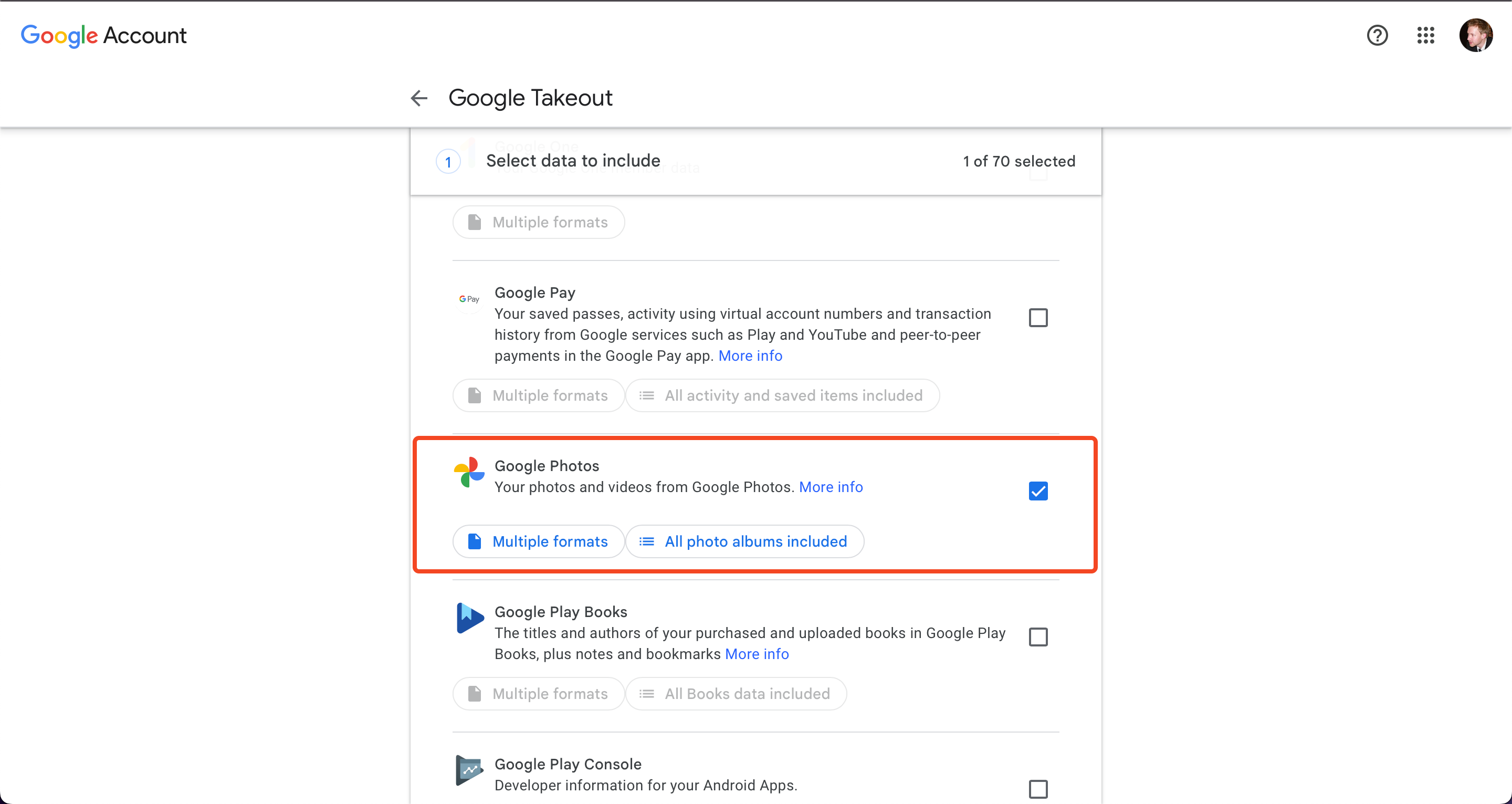 Google Takeout options.