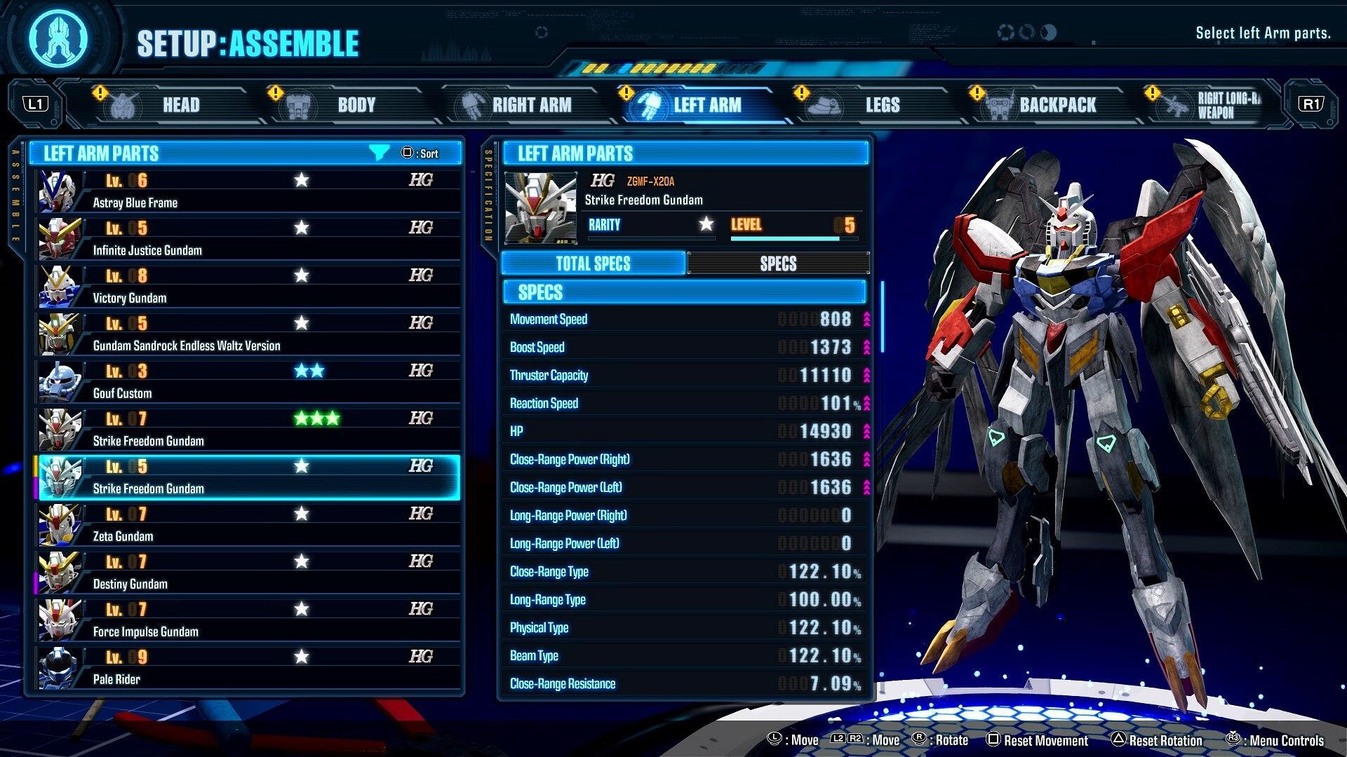 A customization screen for a mobile suit in the game Gundam Breaker 4.