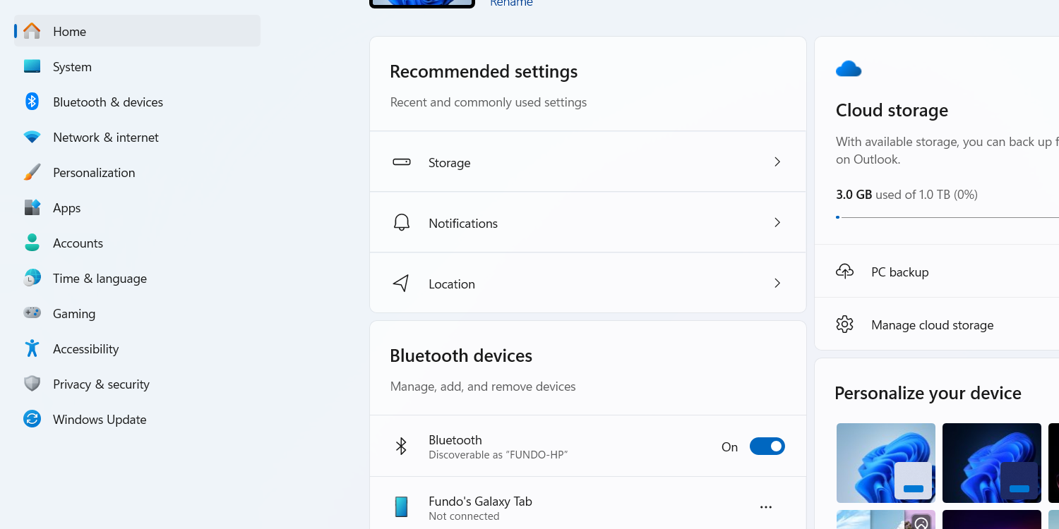 The Home screen of the Settings app.