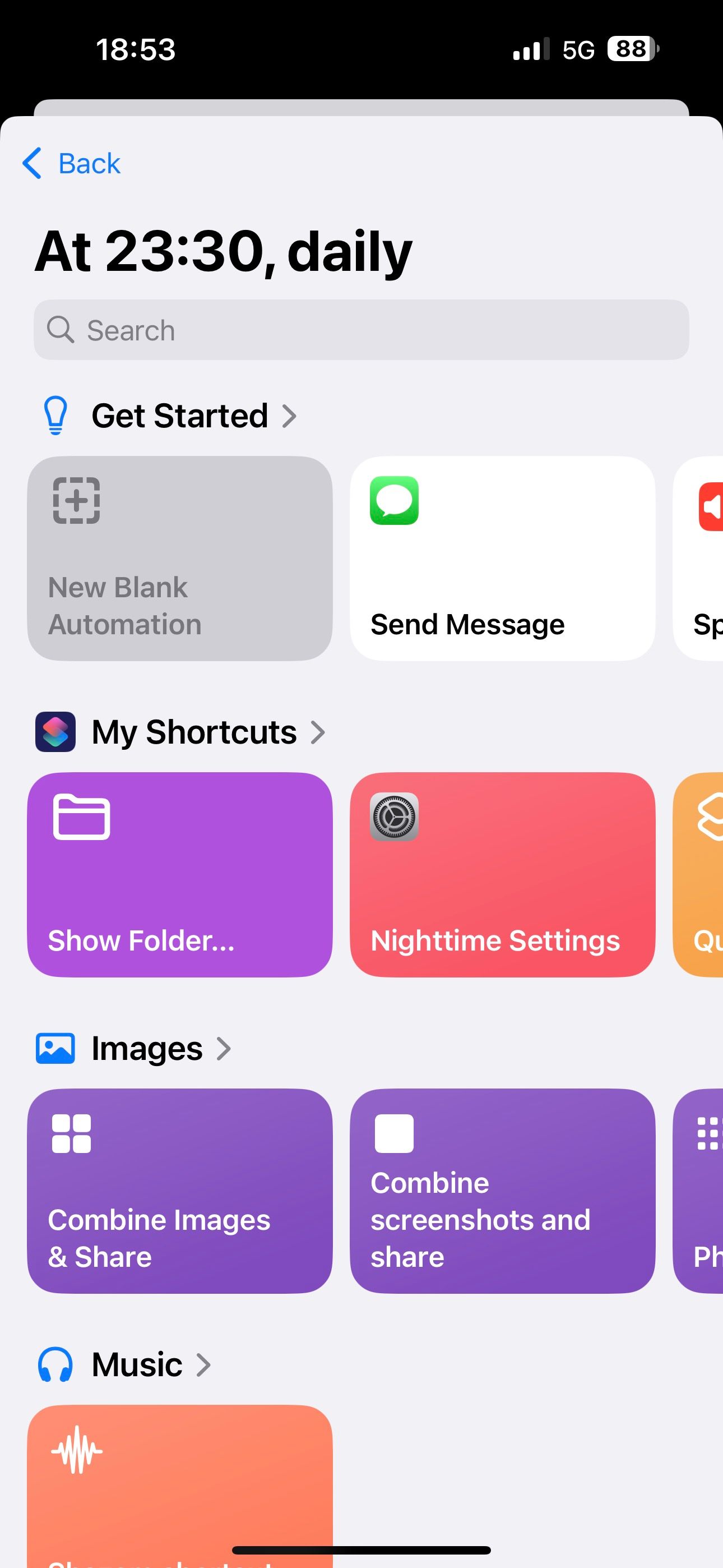 Shortcuts screen to select the main action for the automation.