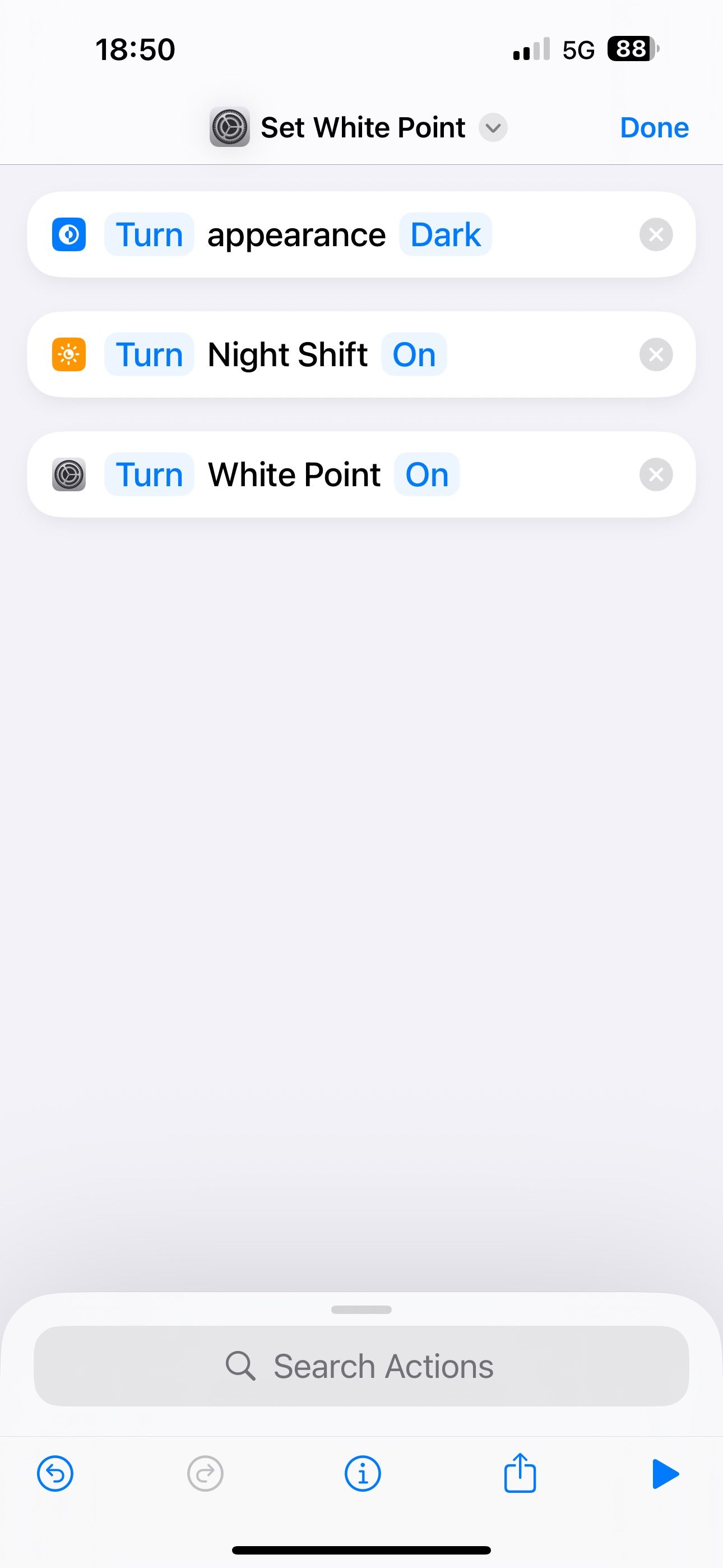 Nighttime actions added to a shortcut in with the Turn On option.