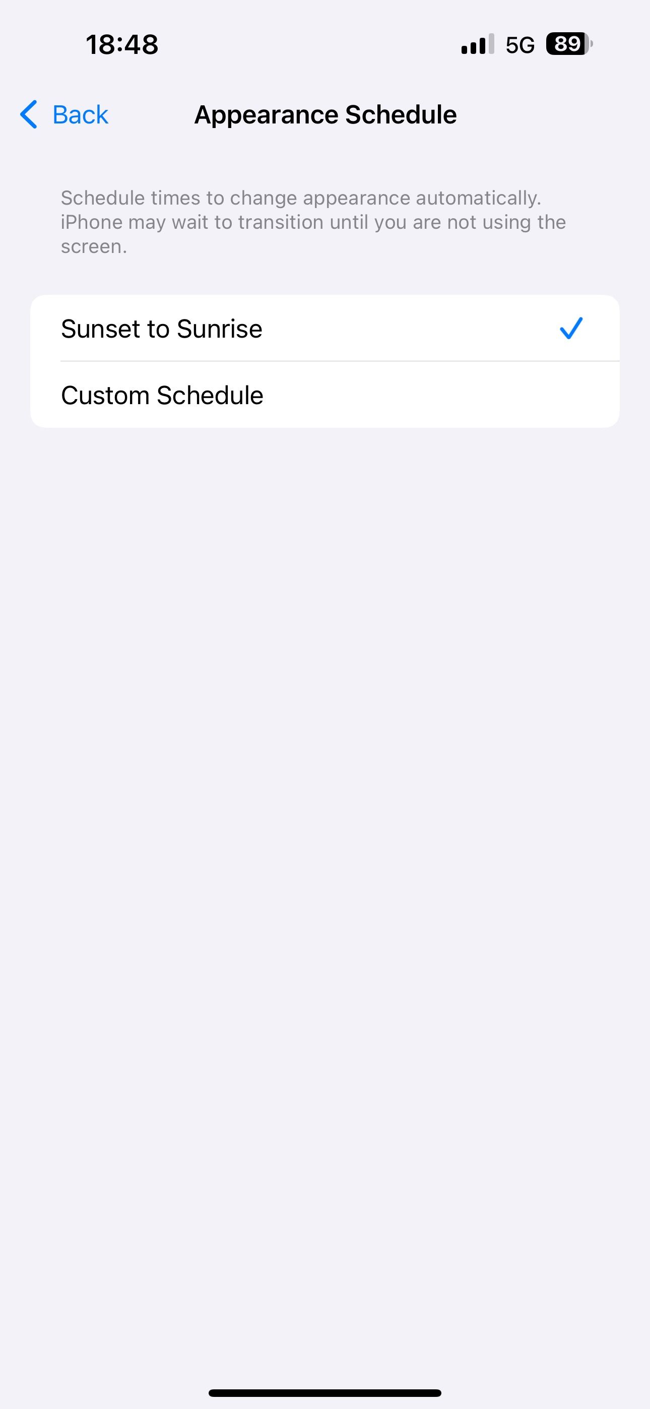Setting the Automatic option for display appearance to Sunset to Sunrise option.