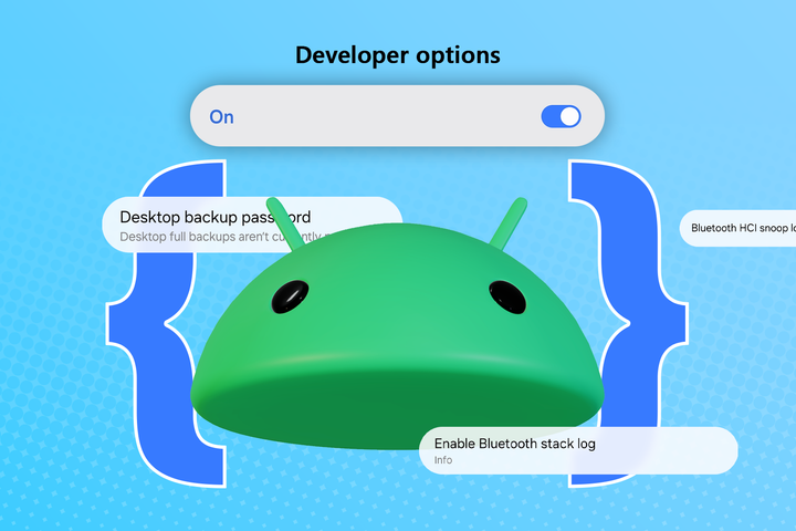 Illustration of Android Developer Options with a large Android mascot head in the center, surrounded by various toggle options, all set against a blue background with two large brackets on each side.