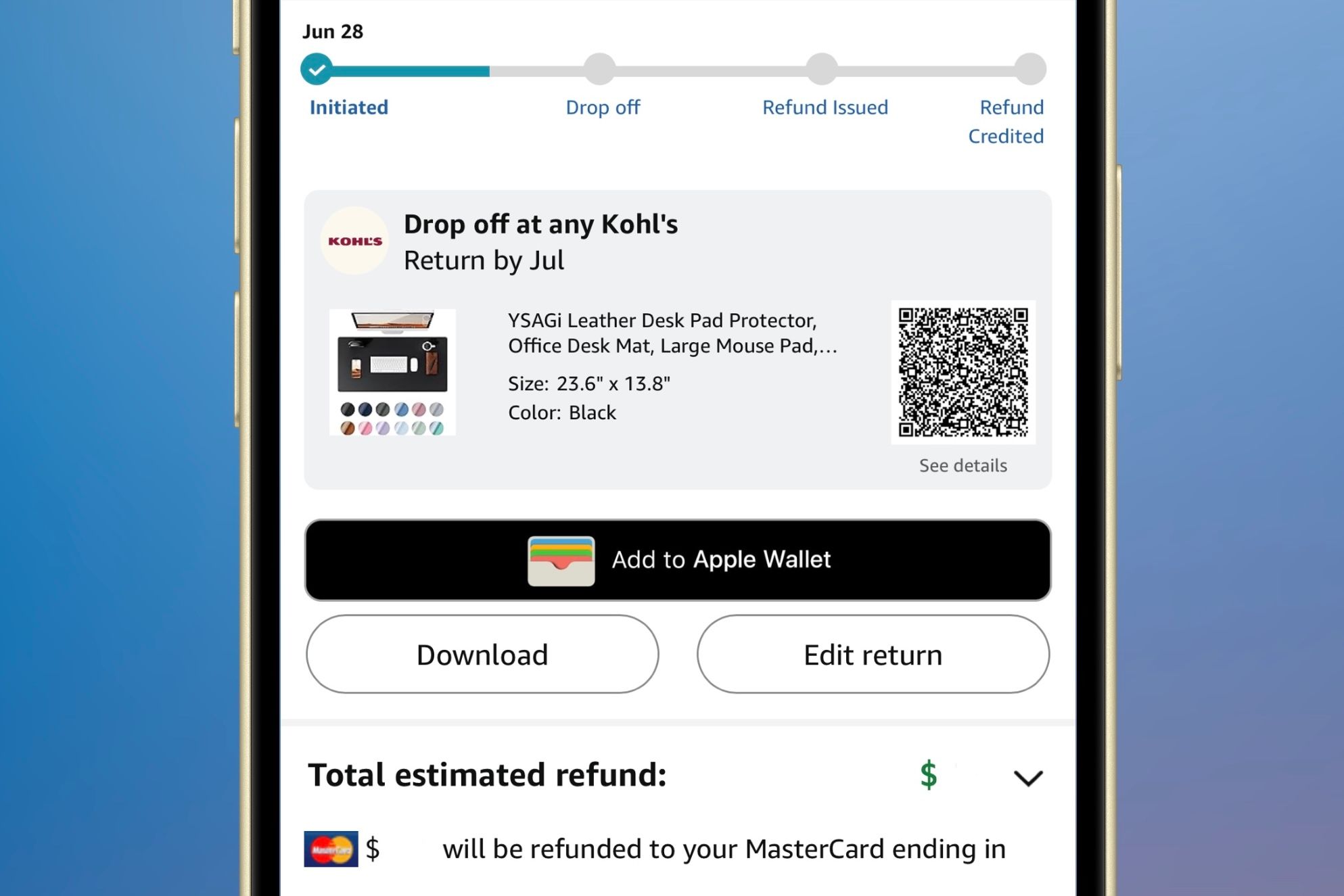 Nuevo "Agregar a la billetera de manzana" El botón se muestra en la aplicación Amazon al hacer una devolución.