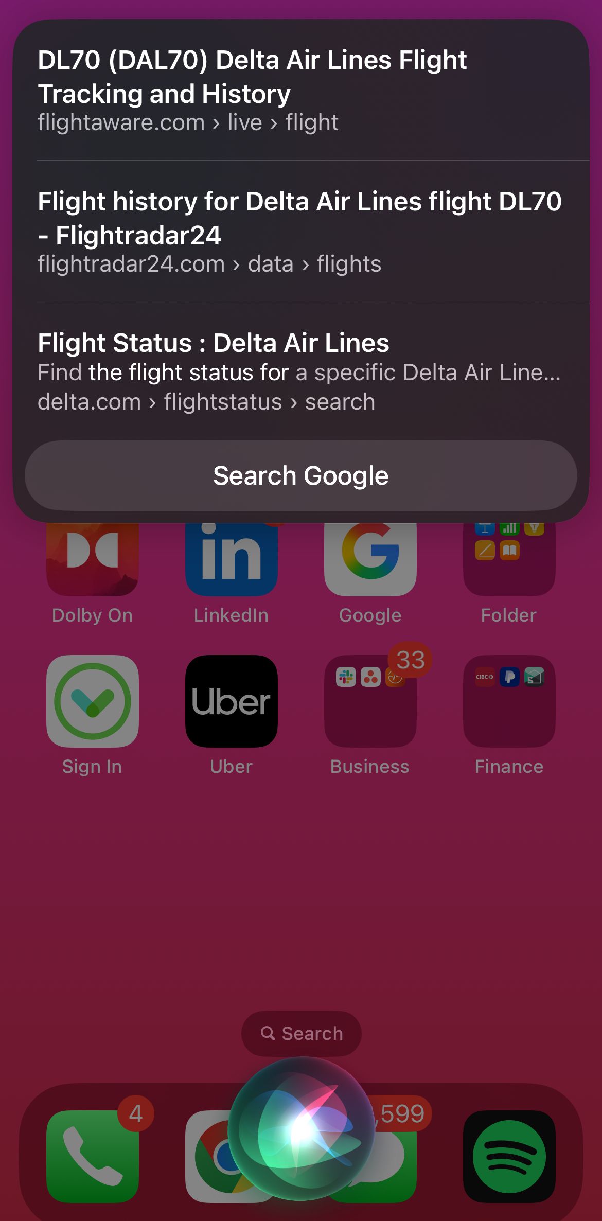 Checking a flight status using Siri.