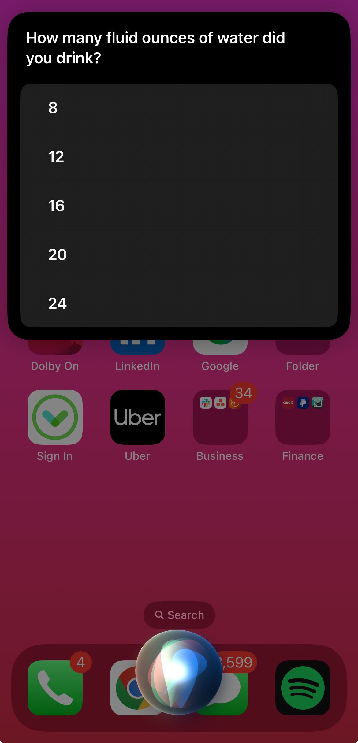 Asking Siri to log water intake.