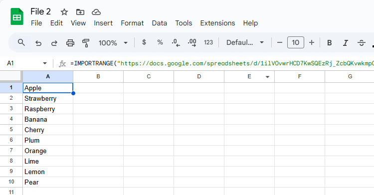 Функция IMPORTRANGE импортирует столбец из таблицы другого файла Google Sheets.